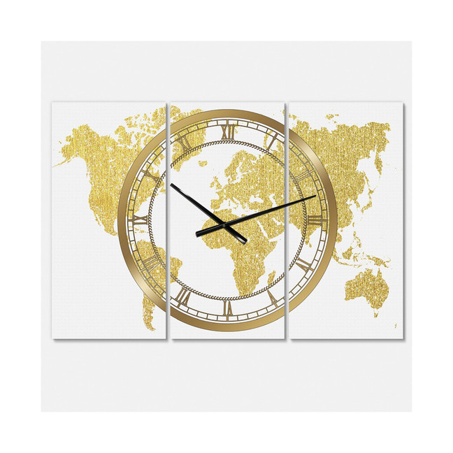 Golden Map of the Earth Large Fashion 3 Panels Wall Clock - 23" x 23" x 1"