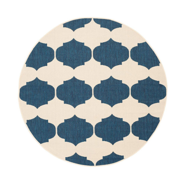Courtyard Beige and Navy 5'3" x 5'3" Round Outdoor Area Rug