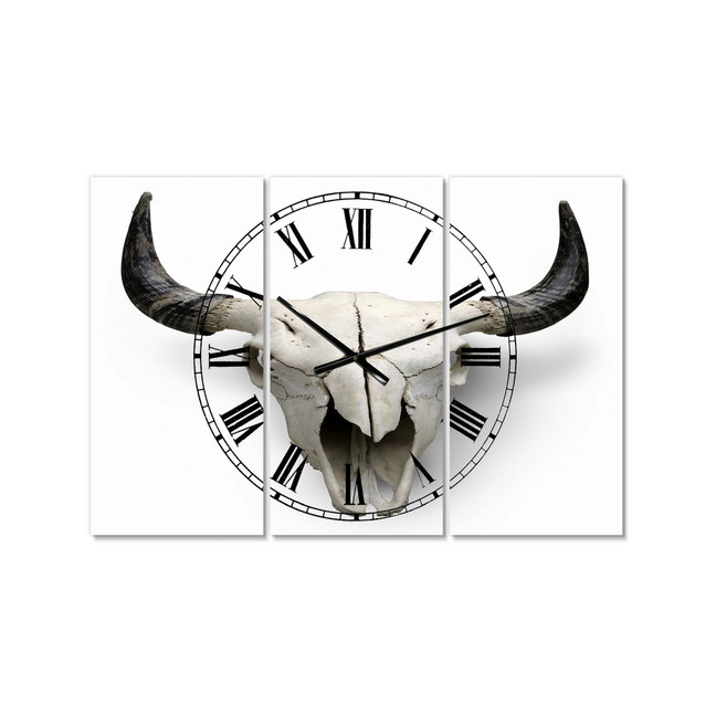 White Cow Skull with Black Horns Oversized Farmhouse 3 Panels Wall Clock - 38" x 38" x 1"