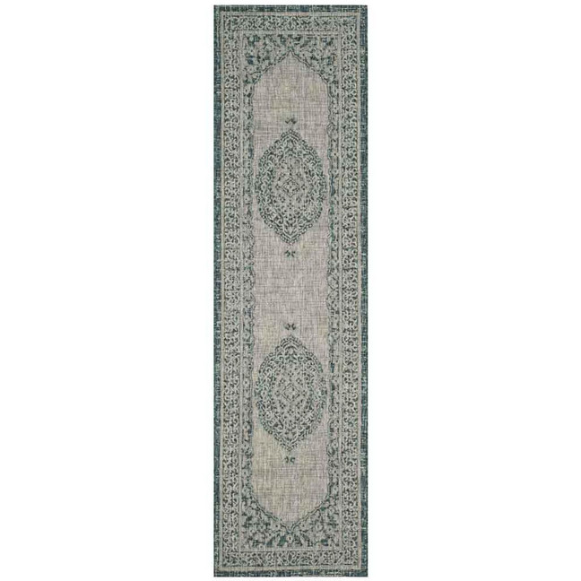 Courtyard Light Grey and Teal 2'3" x 12' Sisal Weave Runner Outdoor Area Rug