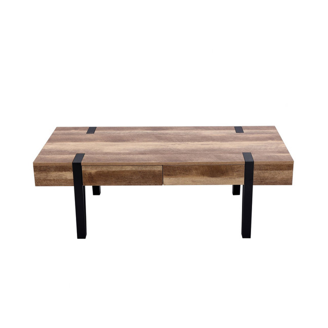 21.69" Oak Finish Medium Density Fiberboard, Wood, Metal 2-Drawer Coffee Table