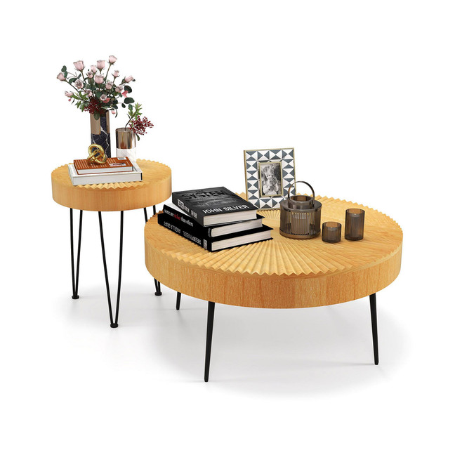 Farmhouse Round Coffee Table Set of 2 End Table Natural Finish for Living Room