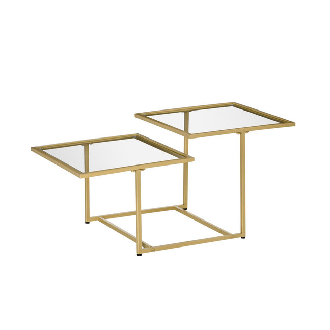 38" 2 Glass End Table, Living Room Coffee Table w/ Metal Frame, Gold