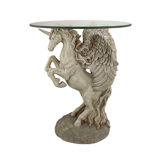 Mystical Winged Unicorn Sculptural Glass-Topped Table