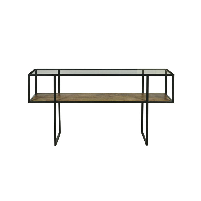Iron Console Table with Glass Top and Wooden Shelf