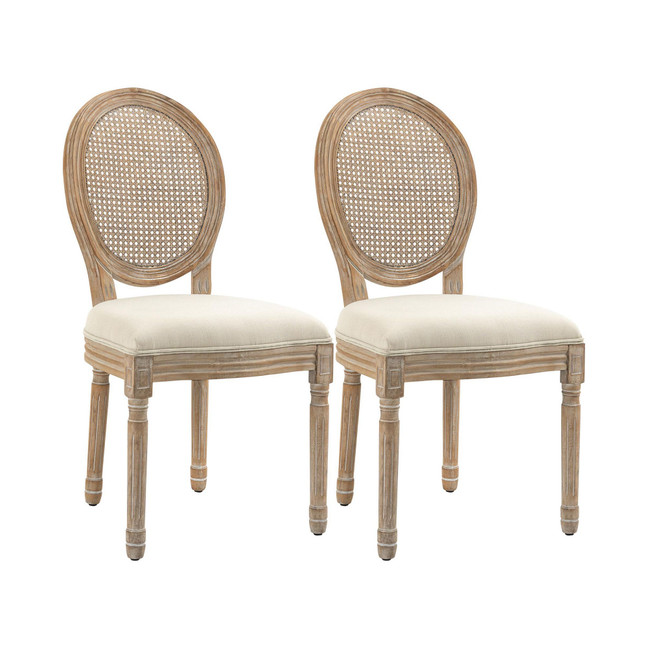 2pc French-Style Rattan Backrest Upholstered Dining Accent Chairs, White