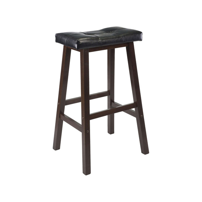 Transitional Mona Cushion Saddle Seat Bar Stool, Black and Walnut