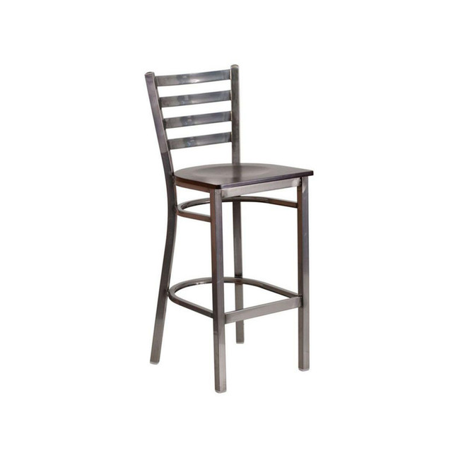 Clear Coated Ladder Back Metal Restaurant Barstool - Walnut Wood Seat