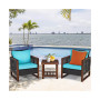 3PCS Patio Wicker Furniture Set Solid Wood Frame Cushion Sofa w/ Square Table Shelf
