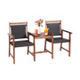 2-Seat Patio Rattan Bench Acacia Wood Frame Table W/Umbrella Hole Deck