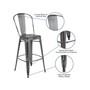 30" High Distressed Silver Gray Metal Indoor-Outdoor Barstool with Back