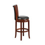 30'' High Dark Chestnut Wood Barstool with Panel Back and Black LeatherSoft Swivel Seat