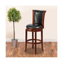 30'' High Dark Chestnut Wood Barstool with Panel Back and Black LeatherSoft Swivel Seat