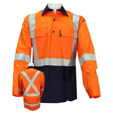 Long Sleeve Closed Front Drill Shirt Taped Reflective Medium Orange Navy