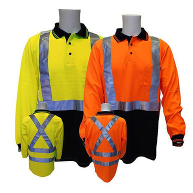 Hi Vis Long Sleeve Polo Shirt Taped Reflective Large Orange Navy