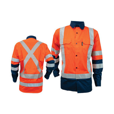 Long Sleeve Drill Shirt Cotton Taped Reflective Medium Orange Navy