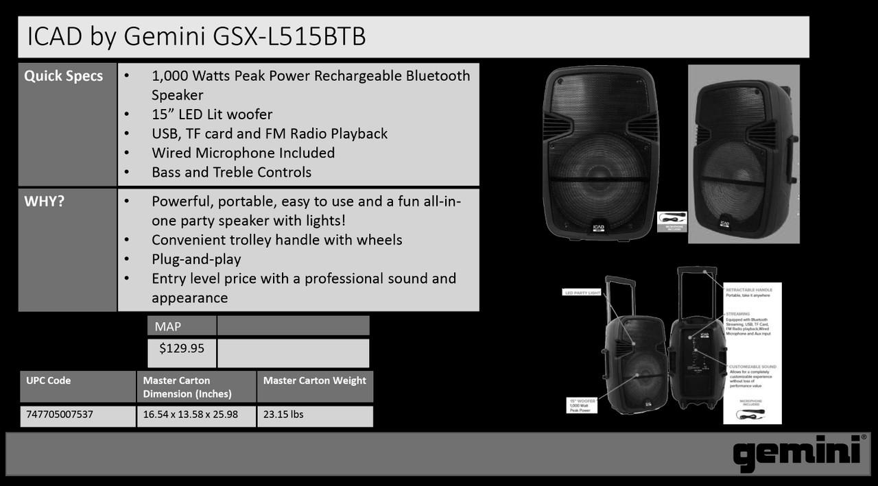 Gemini 1000 Watts 15-Inch LED Lit Bluetooth Speaker / GSX-L515BTB