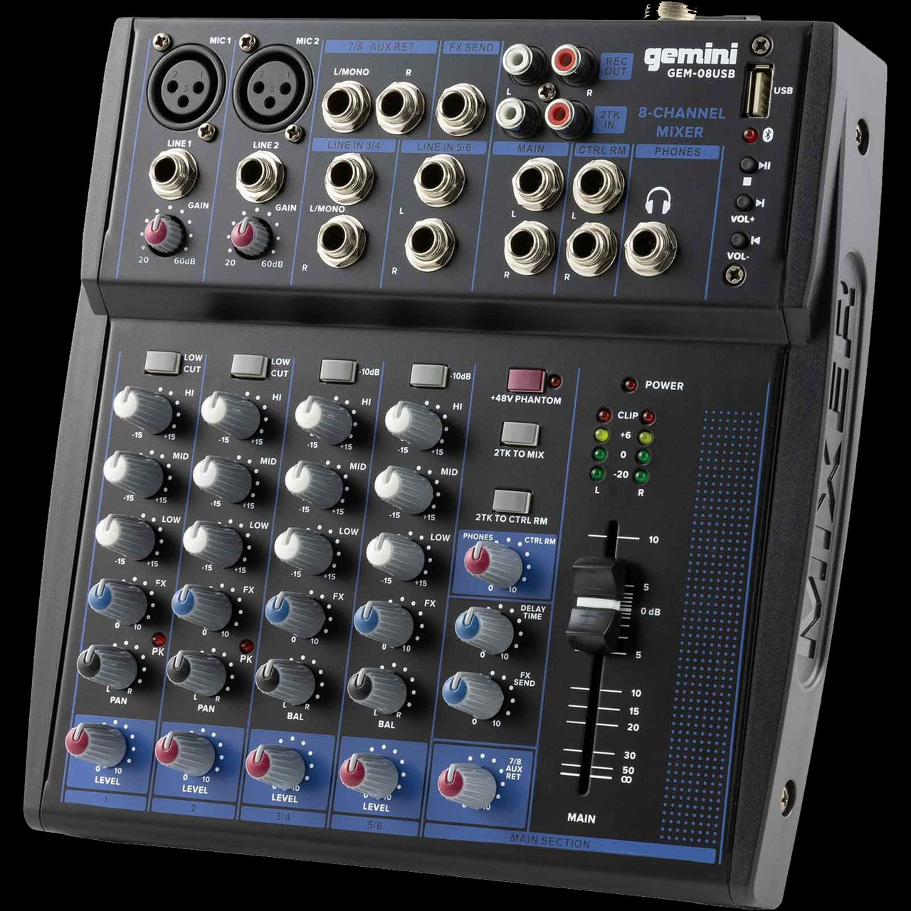 Gemini GEM08USB 8 Channel USB Mixer w/ Bluetooth Phantom Dynamics