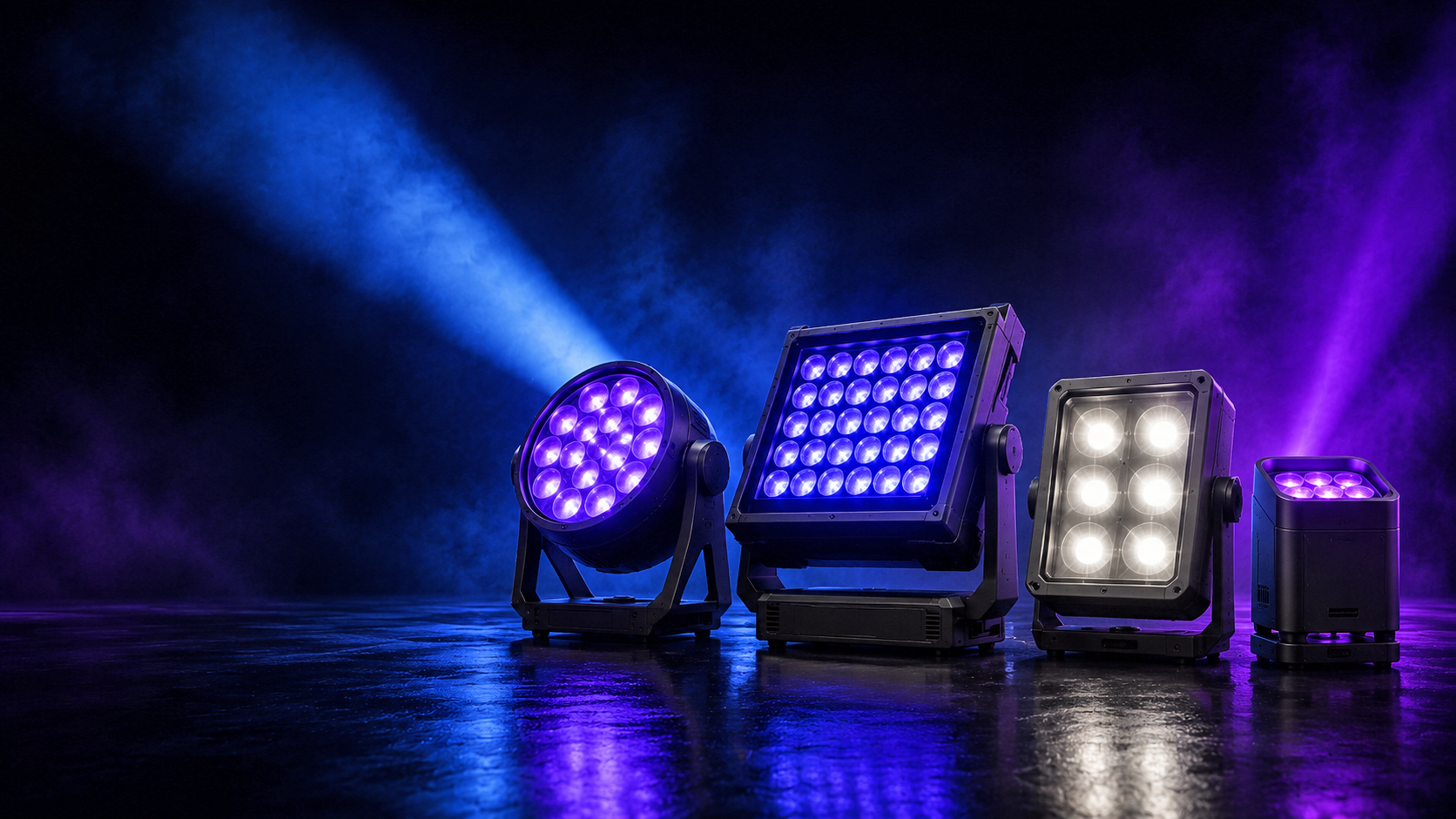 LED stage lighting, par lights, wash lights, panels, and follow spots
