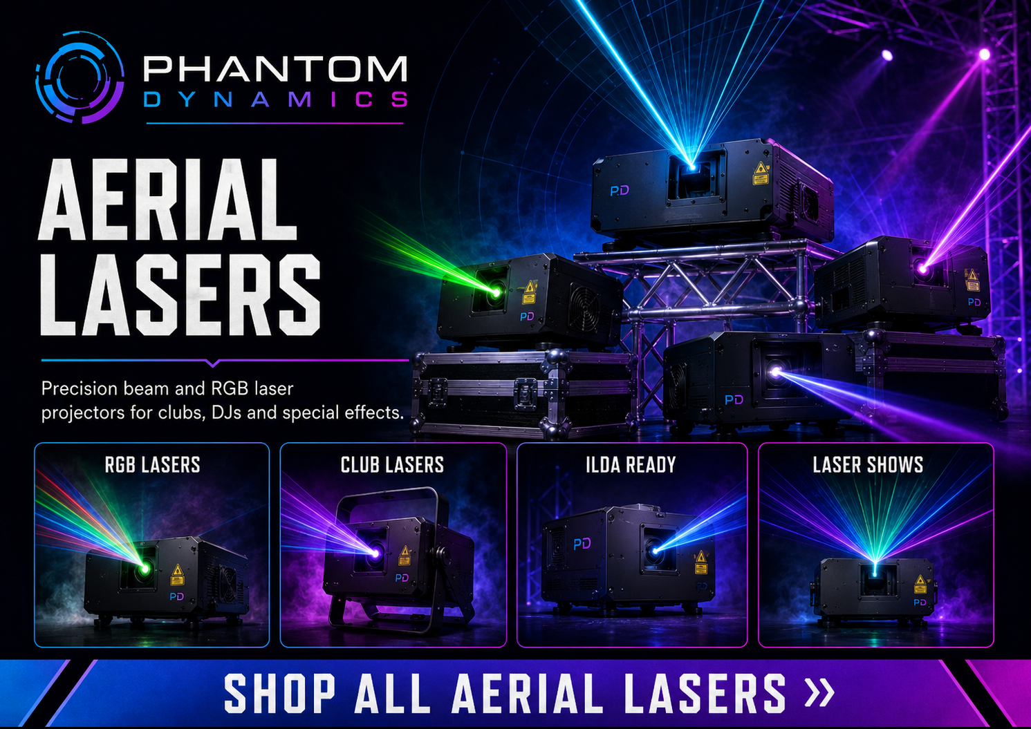 Phantom Dynamics laser projectors for DJs, clubs, laser shows, and special effects