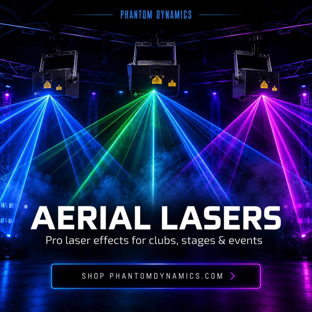 Phantom Dynamics professional aerial lasers for clubs stages and events