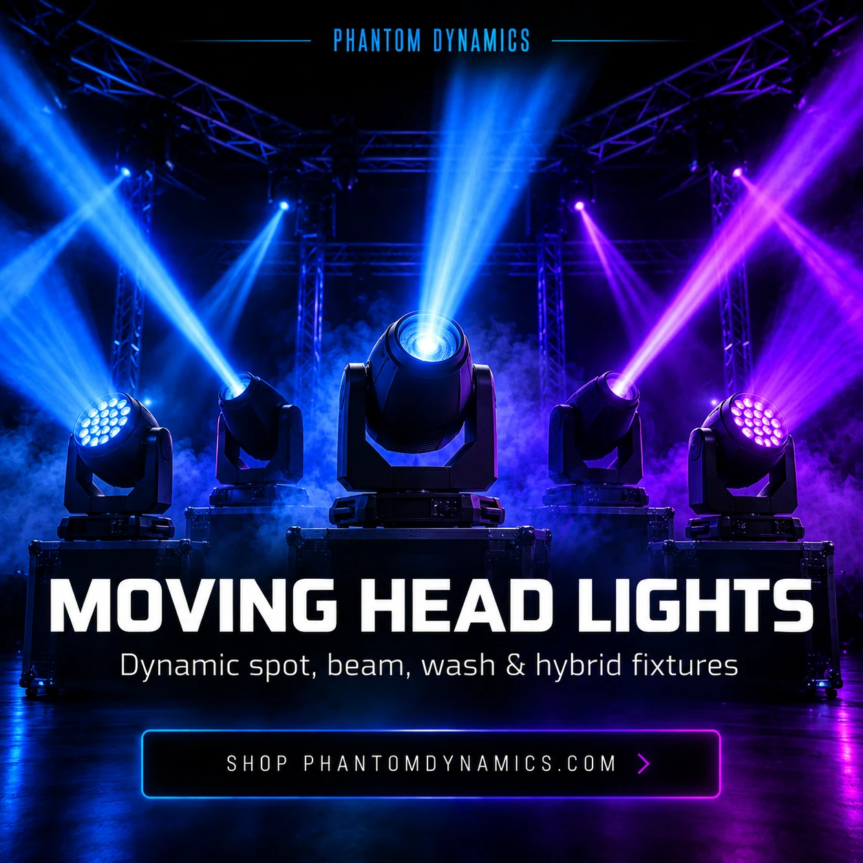 Phantom Dynamics moving head lighting for DJs stages clubs and venues
