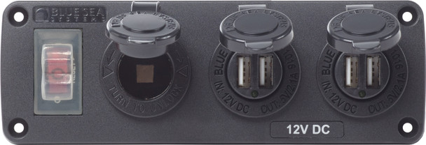 Blue Sea Water-Resistant 12V 15A Circuit Accessory Panel 12v Socket and Dual USB x 2 4365-BSS