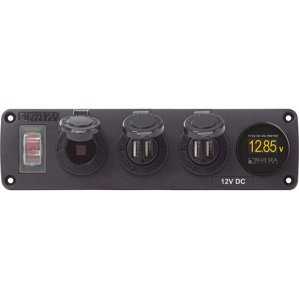 Blue Sea 4368 Water Resistant USB Accessory Panel - 12V Socket, 2x 2.1A Dual USB Chargers, Mini Voltmeter 4368