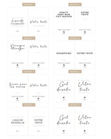 Modèles d'étiquettes waterproof pour flacon distributeur de savon : les modèles 1 à 8, écriture manuscrite ou capitales, avec version Votre texte