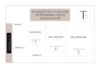 Modèle 6 d'étiquette waterproof pour distributeur de savon : Shampoing et Gel douche en capitales, mention Things and Stickers, trois niveaux annotés