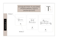 Modèle 7 d'étiquette waterproof pour distributeur de savon : Savon, Gel douche et Après-shampoing en écriture manuscrite, niveaux 1 et 2 annotés