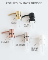 Nuancier des pompes en inox brossé pour distributeur de savon : cinq pompes légendées doré, noir mat, cuivre, argenté et blanc doux