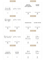 Modèles d'étiquettes waterproof pour bouteille de lessive : les modèles 1 à 8, écriture manuscrite ou capitales, avec version Votre texte