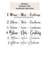 Planche de rendu des étiquettes de tri du linge : six polices manuscrites numérotées de 1 à 6 pour les mots Blanc, Noir et Couleurs