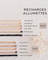 Nuancier des recharges d'allumettes : six teintes en 9 cm et cinq en 7 cm, têtes blanche, beige, beige foncé, rose, noire et tige noire