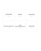 Planche des six étiquettes de classeur : Logement, Santé, Finances, Vie de famille, Vie professionnelle et Gestion