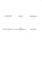 Planche des six étiquettes de classeur : Logement, Santé, Finances, Vie de famille, Vie professionnelle et Gestion