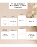 Planche des étiquettes de rangement pour la maison, format standard : les modèles 1 à 8 et leurs tailles, exemples Bougies et Casque téléphone