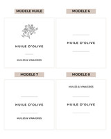 Modèles d'étiquettes waterproof pour huilier et vinaigrier : modèle huile, modèle 6, modèle 7 et modèle 8, exemple huile d'olive