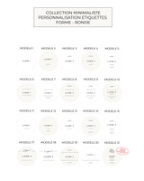 Planche des étiquettes d'épices rondes, collection minimaliste : les modèles 1 à 21, de une à quatre lignes, fond blanc ou beige