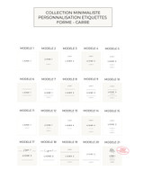 Planche des étiquettes d'épices carrées, collection minimaliste : les modèles 1 à 21, de une à quatre lignes, fond blanc ou beige