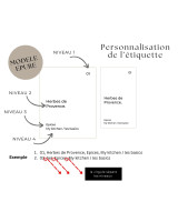 Schéma de personnalisation des étiquettes de bocaux, modèle épuré : les niveaux 1 à 4, deux exemples et le rappel que la virgule sépare les niveaux