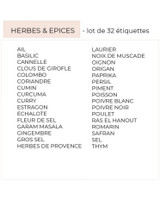 Liste du lot de 32 étiquettes Herbes & épices, de ail et basilic à thym, en passant par curcuma, ras el hanout, safran et fleur de sel