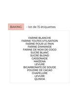 Liste des 15 étiquettes de bocaux Baking : farines blanche, pour le pain, d'amande, de coco, sucres, cassonade, maïzena, levure, cacao, chapelure