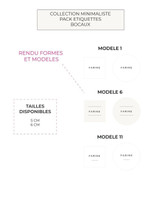 Planche Collection minimaliste, pack étiquettes bocaux : rendu des modèles 1, 6 et 11 en carré et en rond, tailles 5 cm et 6 cm
