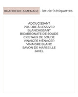 Liste des 9 étiquettes de buanderie et ménage : adoucissant, poudre à lessiver, blanchissant, bicarbonate, cristaux, vinaigres, savon, javel