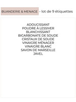 Liste des 9 étiquettes de buanderie et ménage : adoucissant, poudre à lessiver, blanchissant, bicarbonate, cristaux, vinaigres, savon, javel