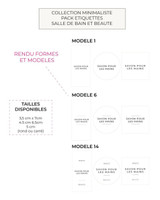 Planche Collection minimaliste, pack étiquettes salle de bain et beauté : rendu des modèles 1, 6 et 14 en rectangle, rond et carré, trois tailles