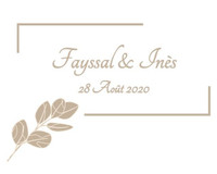 Sticker de mariage beige Fayssal & Inès 28 Août 2020 en écriture calligraphique, dans un cadre ouvert orné d'une branche feuillue