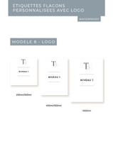Planche Étiquettes flacons personnalisées avec logo, modèle 8 : le logo au-dessus du niveau 1 de texte, en trois tailles de flacon